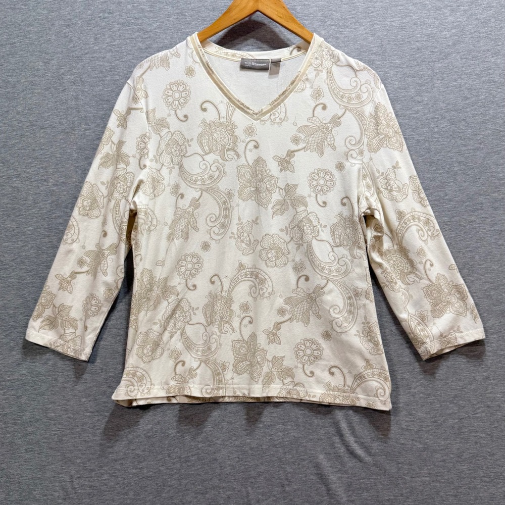 Croft & Barrow V-Neck Top Womens XL Cream Tan Paisley 3/4 Sleeve Stretch Floral